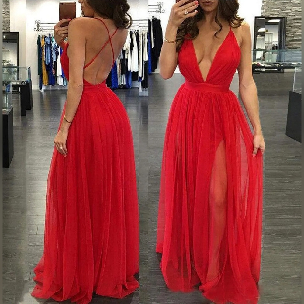 GIRL IN THE RED DRESS SHEER TULLE SPAGHETTI STRAP DOUBLE SLIT UNDERDRESS